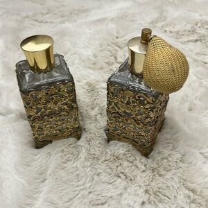 Vintage 1930”s Pair Gold Caged Glass Perfume Bottle & Atomizer